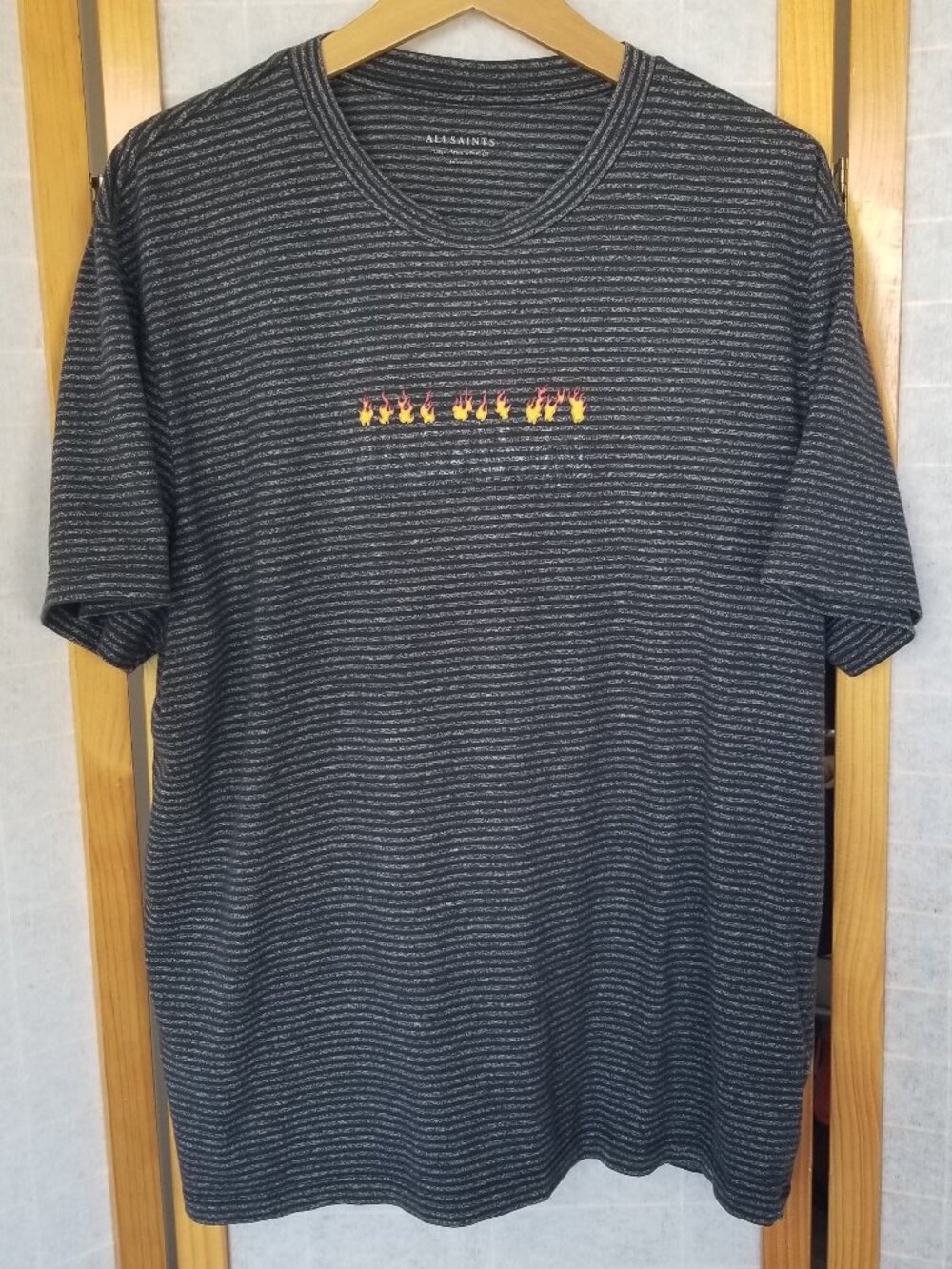 Men's All Saints Candelabra T-Shirt Size Large Black Gray Stripe Portugal READ